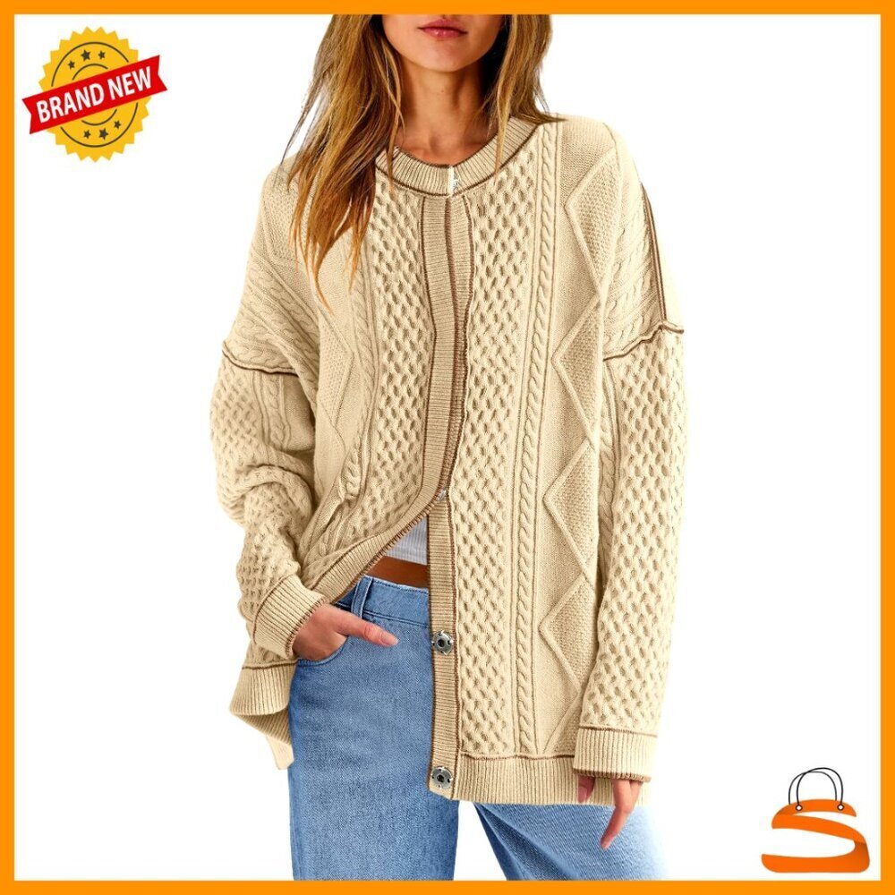 Oversized Cable Knit Cardigan Button Up Striped Sweater Jacket Y2K Chic